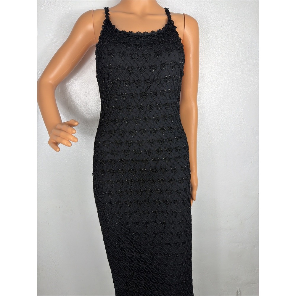 Vtg 90s‎ Y2K Sz S/M Black Crochet Maxi Dress Beaded Siren Cut Fairy Boho S